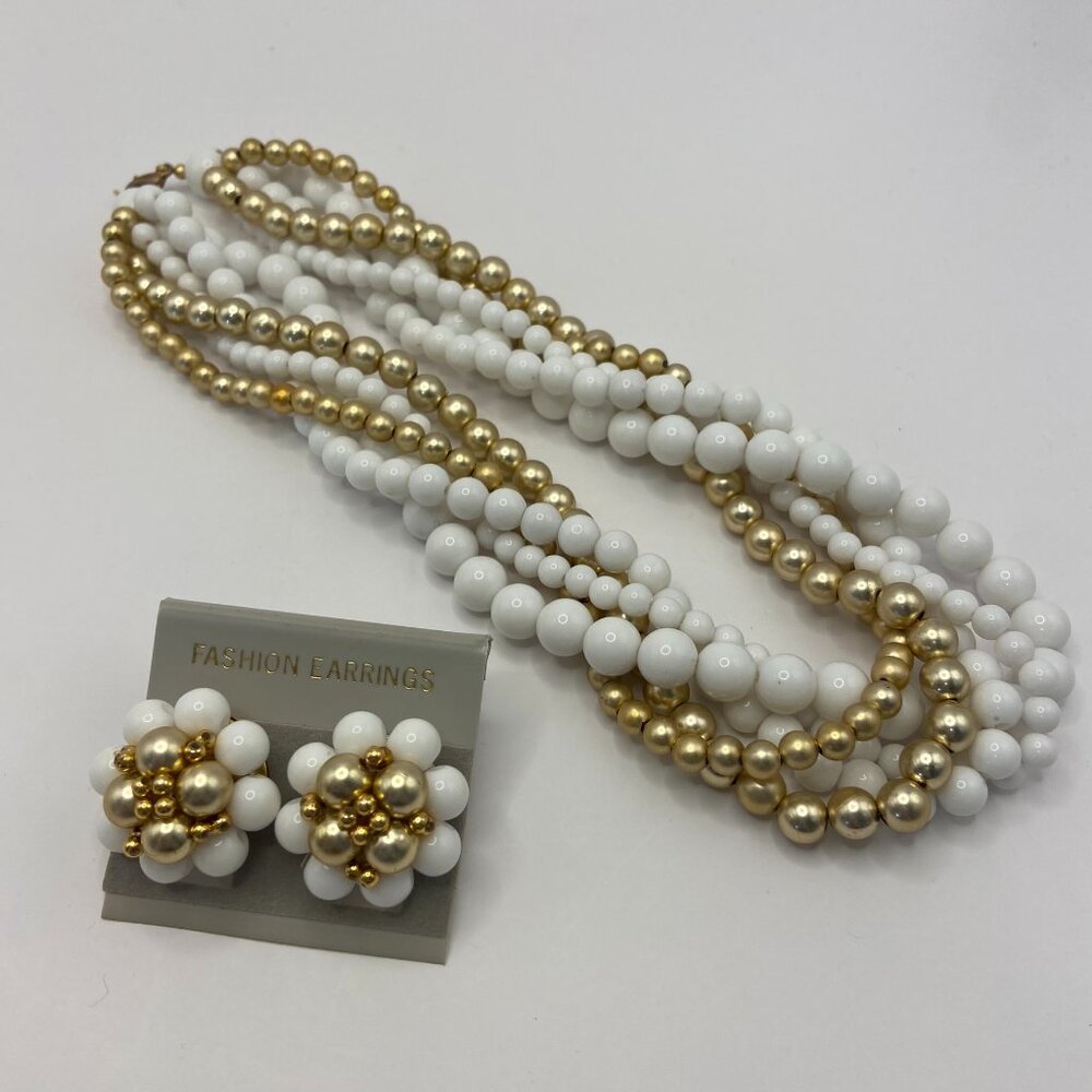 Vintage 18" Multi-Strand Twisted Necklace and Earring Set ~ Gold & White Beads